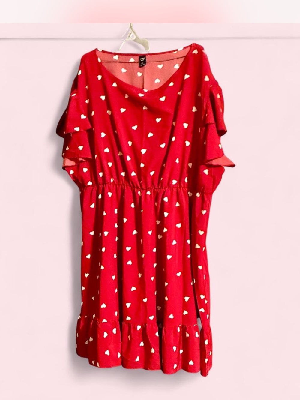 Red Heart Print Ruffle Sleeve Dress, Size 4XL